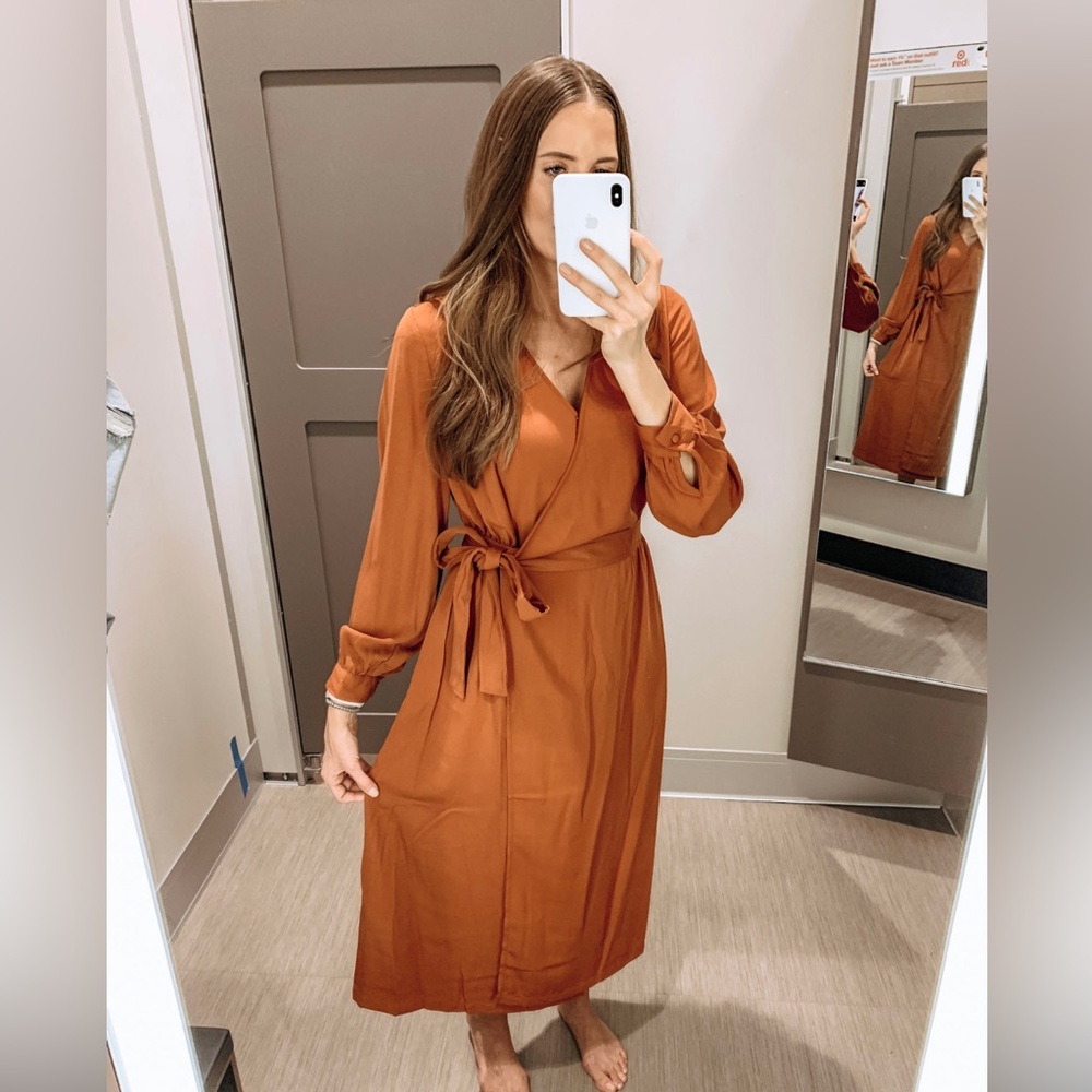 Who What Wear rust wrap dress.